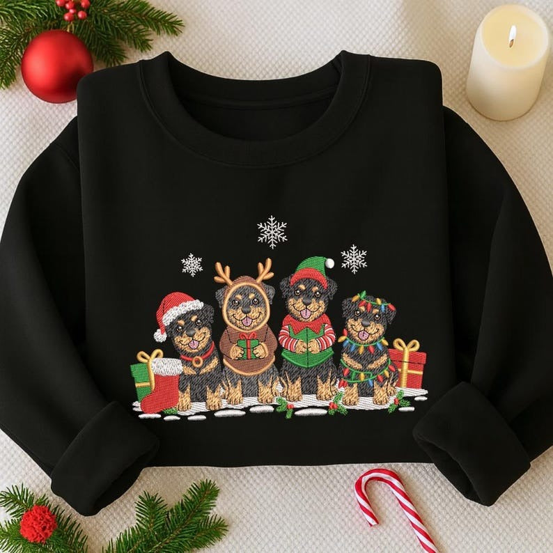 Christmas Rottweiler Embroidered Sweatshirt – Reindeer, Santa & Elf Dog Holiday Embroidery, Merry Christmas Winter Gift for Dog Lovers