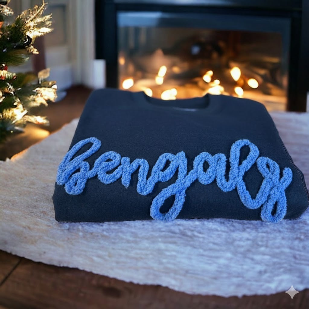 Bengals Chenille Yarn Embroidered Sweatshirt | Custom Team Spirit Crewneck | Fuzzy Letters | Cheer Mom Gift