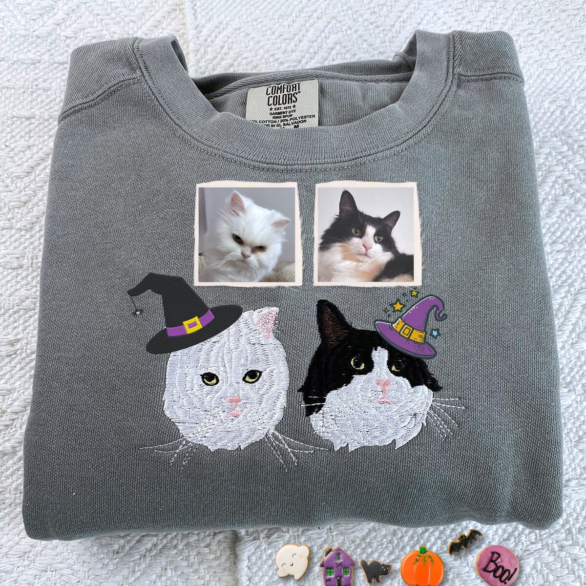 Comfort Colors® Custom Embroidered Cat Portrait from Photo with Halloween Witch Hat T-Shirt or Sweatshirt