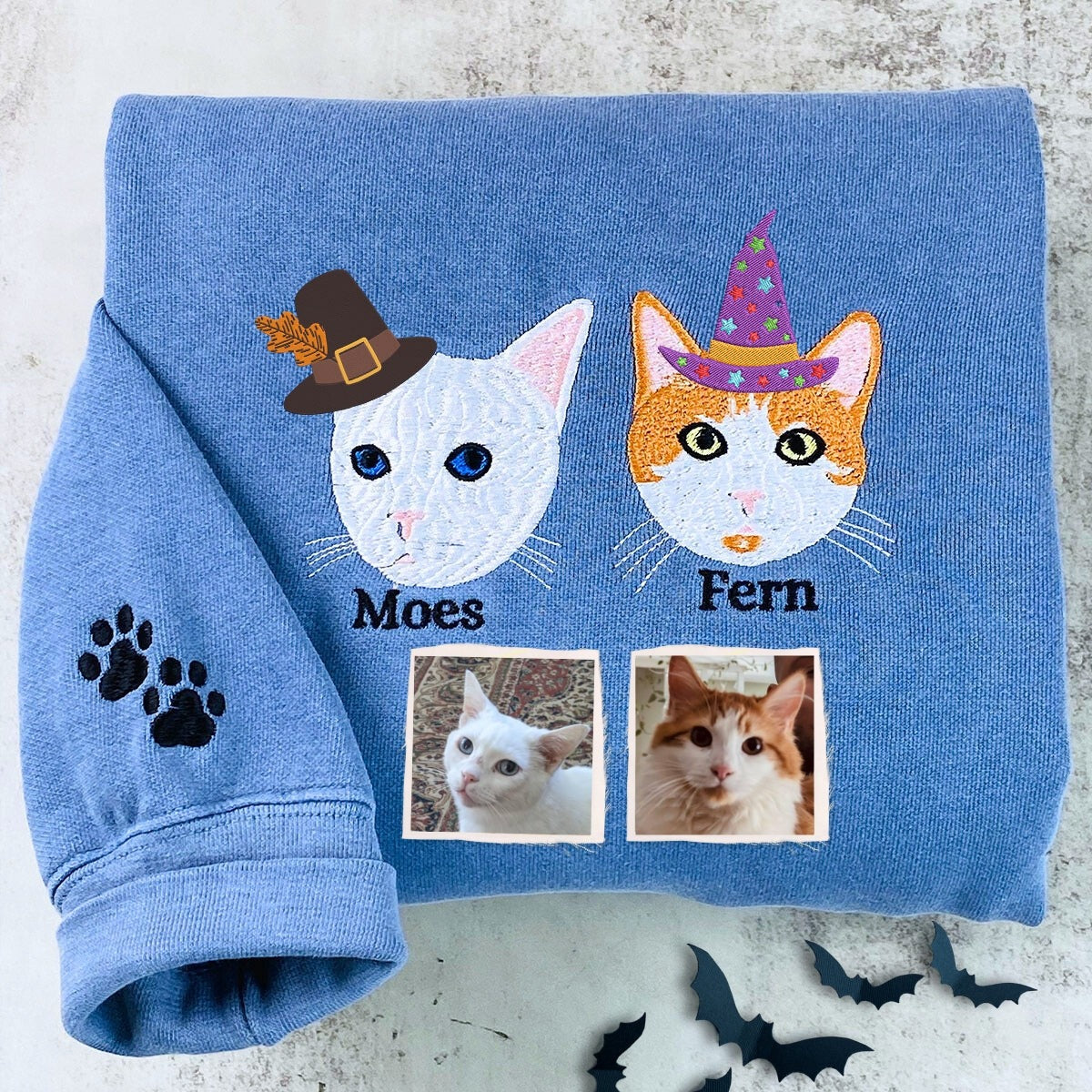 Comfort Colors® Custom Embroidered Cat Portrait from Photo with Halloween Witch Hat T-Shirt or Sweatshirt