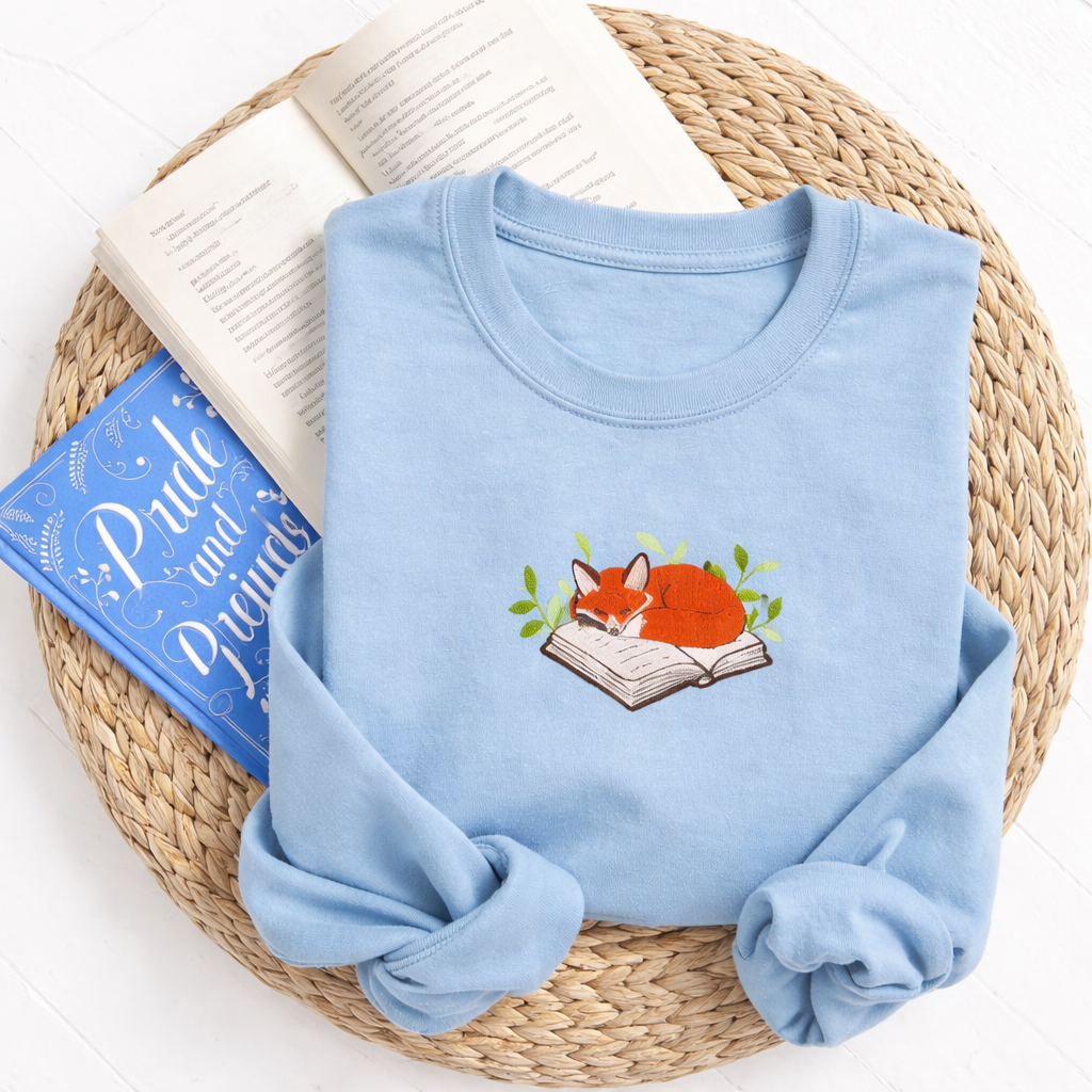 Sleeping Fox on a Book Sweatshirt, Cozy Embroidered Reader Gift