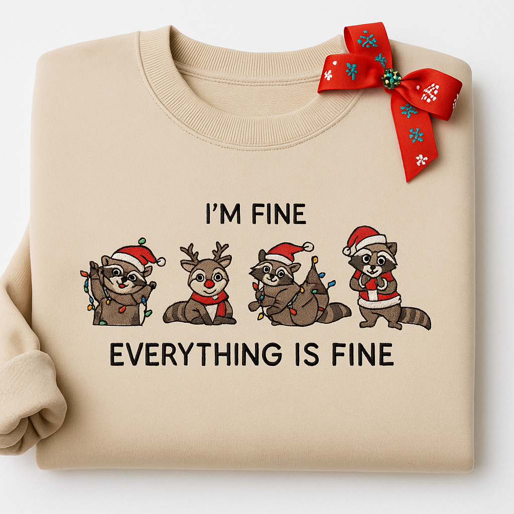 Embroidered I'm Fine Everything Is Fine Shirt Racoon Christmas Sweatshirt, Christmas Light Women Holiday Sweater, Funny Racoon Xmas Shirt
