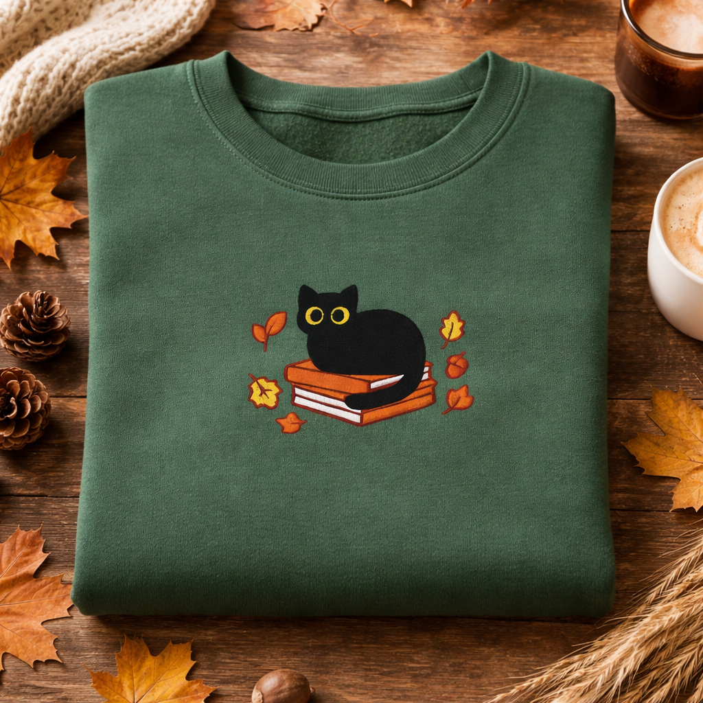 Fall Black Cat and Books Sweatshirt, Cozy Autumn Reader Sweatshirt, Book Lover Gift, Cute Halloween Cat Sweatshirt