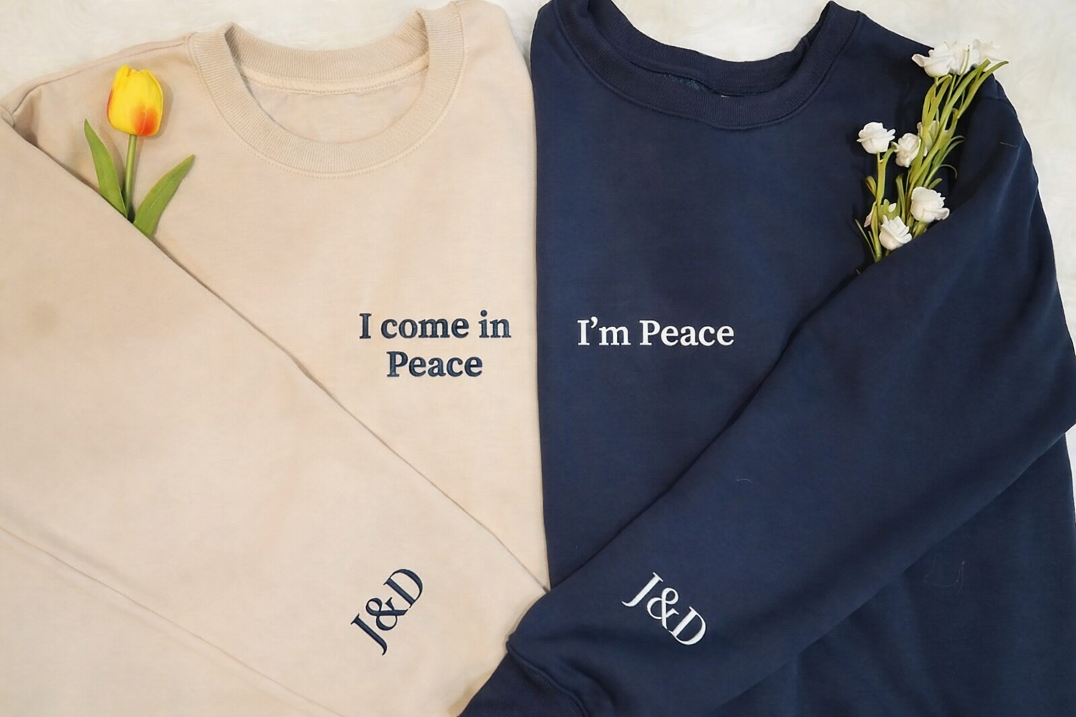 I Come in Peace I'm Peace Embroidered Sweatshirt, Custom Sleeve Name Embroidery, Matching Couple Valentines Sweater, Gift For Girlfriend
