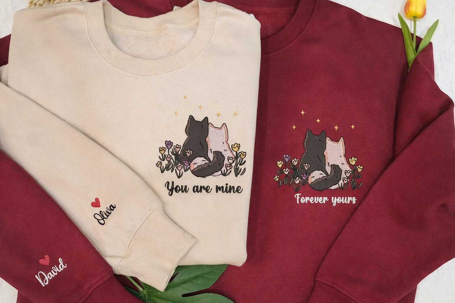 Custom Couple Cat You Are Mine Forever Yours Valentine Embroidered Sweatshirt, Matching Couple Sweater, Valentine For Cat Lover, His and Her