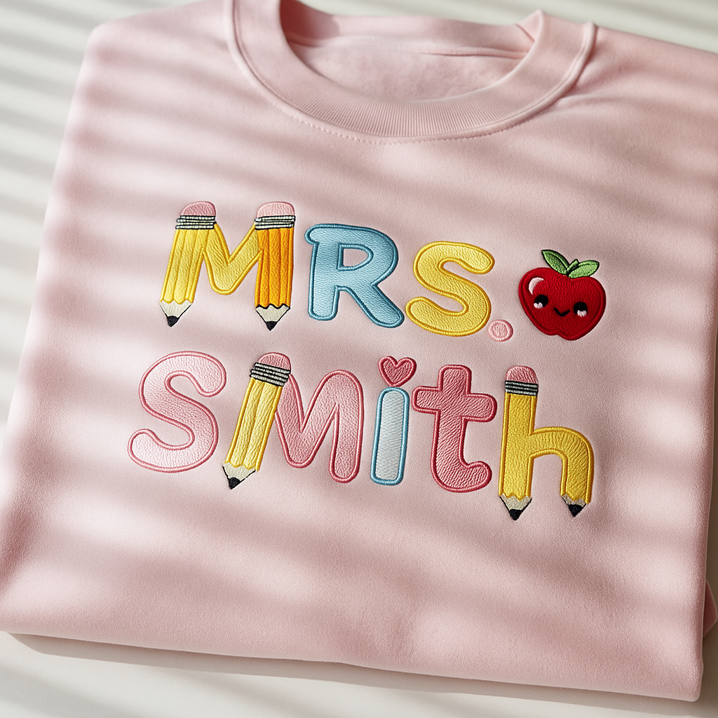 Custom Teacher Name Embroidered Sweatshirt, Teacher Appreciation gift, Crayon Teacher Sweater, Back to School Gift, Personalized Teacher Tee