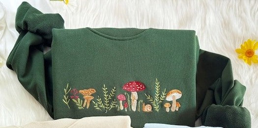 Embroidered Mushroom Sweatshirt: Cottagecore Botany Crewneck, 100% Cotton Unisex Sweatshirt