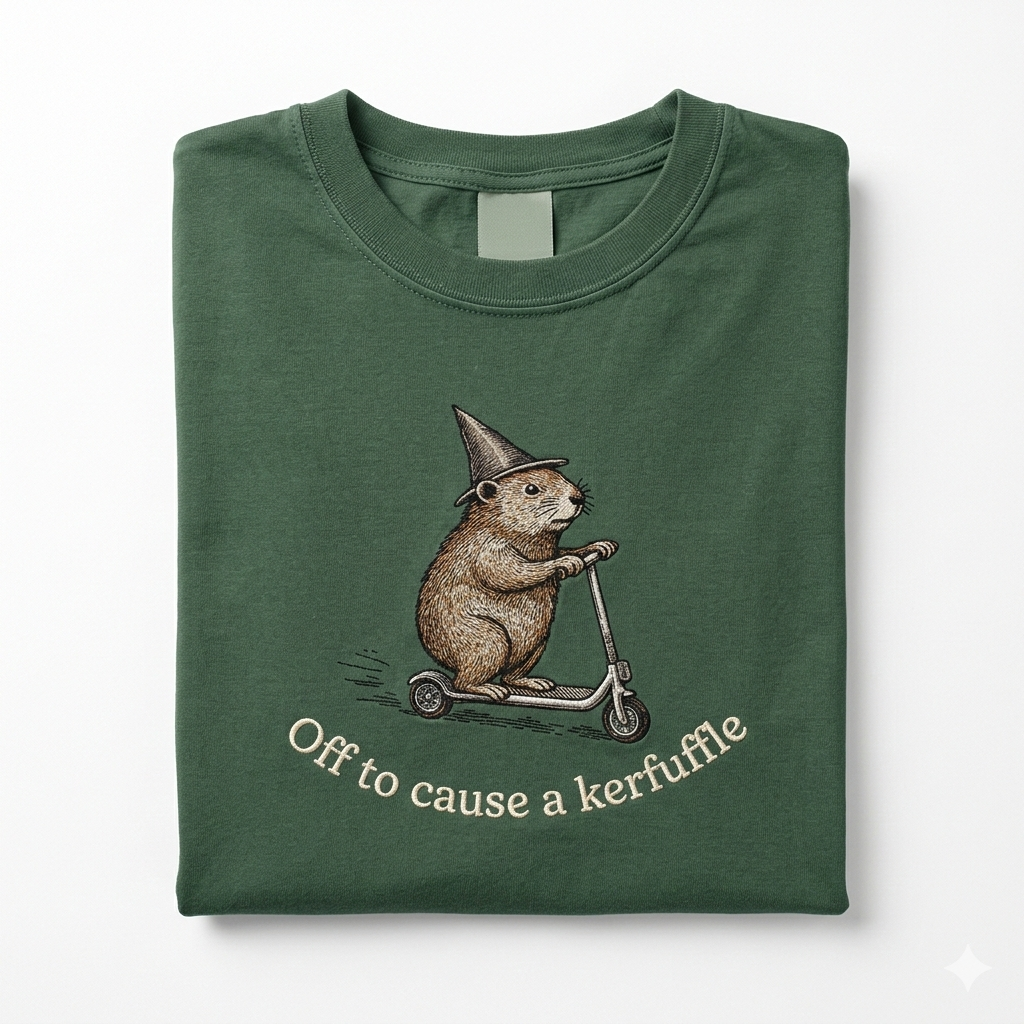 Off To Cause A Kerfuffle Embloidered Sweatshirt Funny Groundhog Scooter Tshirt Silly Animal Mental Health Tee Adult Humor Sarcastic T-Shirt