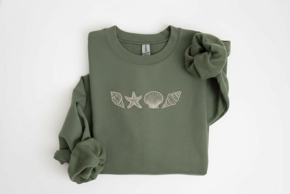 Sea Shells Embroidered Crewneck: Beachy Nautical Sweatshirt, Beach Shells Crewneck