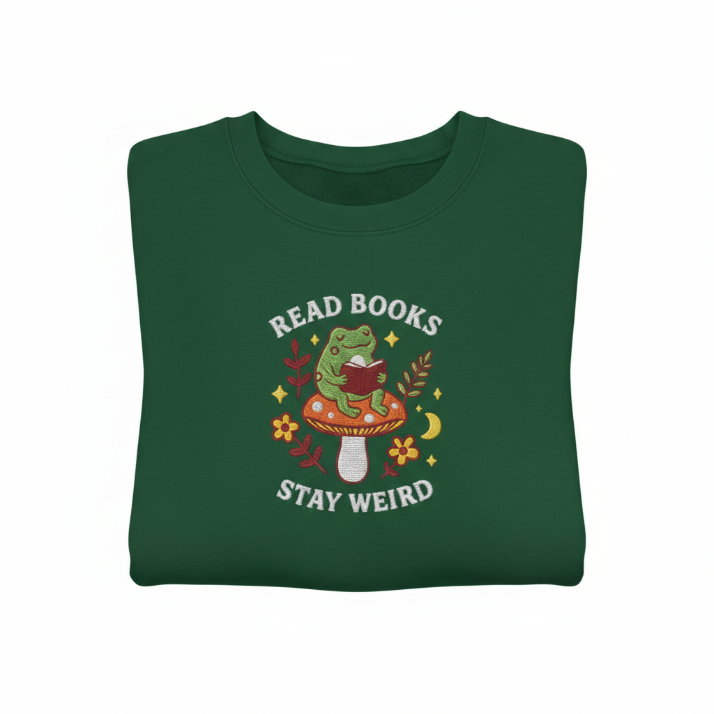 Read books stay weird Sweatshirt, embroidered mushroom frog Sweatshirt, bookish cottagecore t-Sweatshirt, cozy reader gift, frogcore