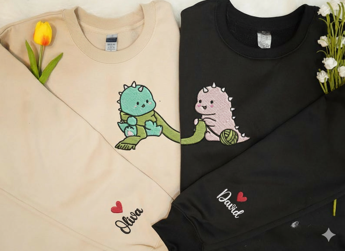 Cute Dinosaur Embroidered Sweatshirt for Couple, Matching Sweater with Custom Sleeve Name, Personalized Valentine Gift For Her, Dino Lovers