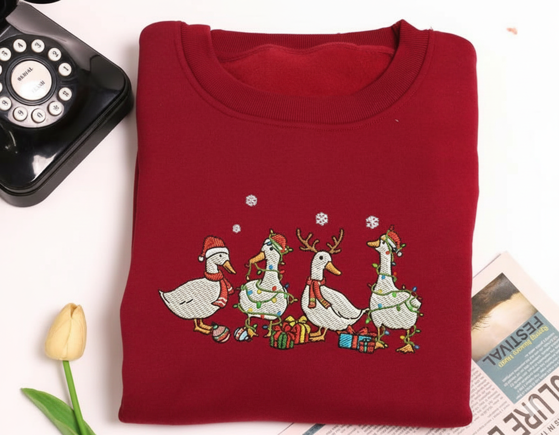 Cute Christmas Duck Embroidered Sweatshirt, Funny Animal Xmas Sweater For Women Holiday Gift, Farm Lover Gift, Christmas Light Duck Shirt