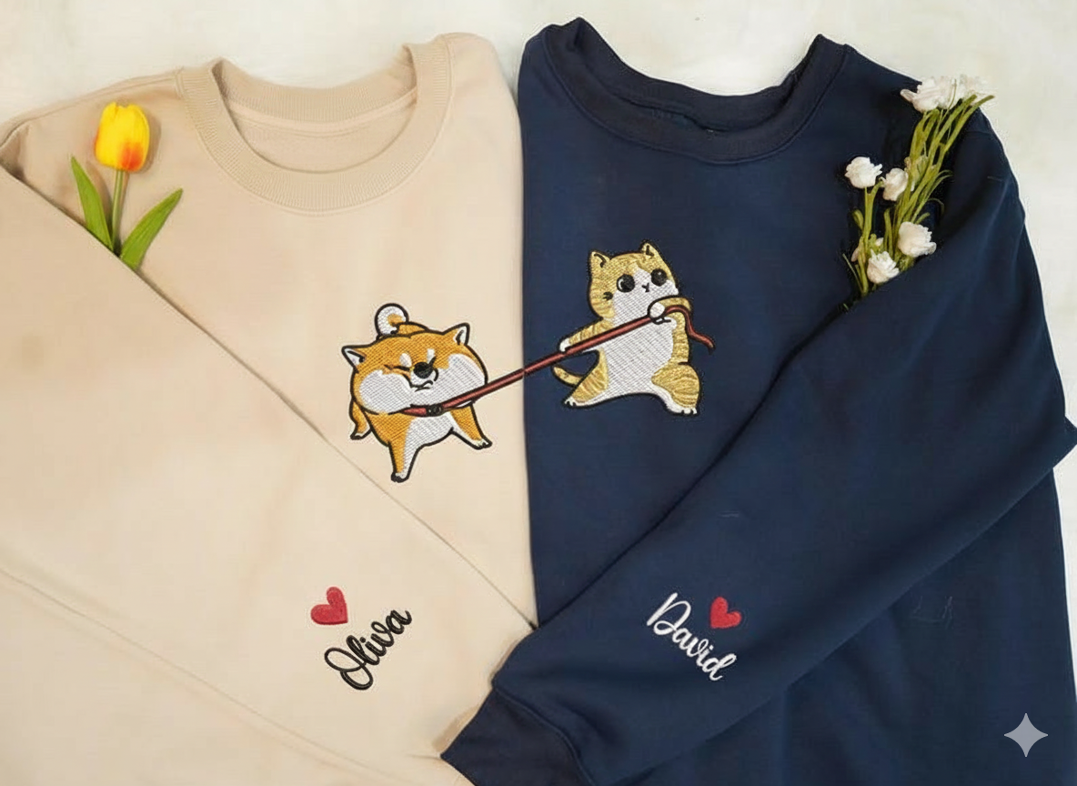 Cute Shiba and Yellow Cat Couple Valentine Embroidered Sweatshirt, Funny Matching Couple Sweater, Custom Name Hoodie, Gift For Girlfriend