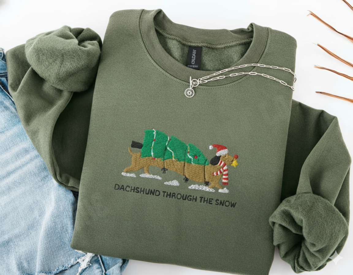 Embroidered Dachshund Christmas Sweatshirt – “Dachshund Through The Snow” Holiday Mom Crewneck