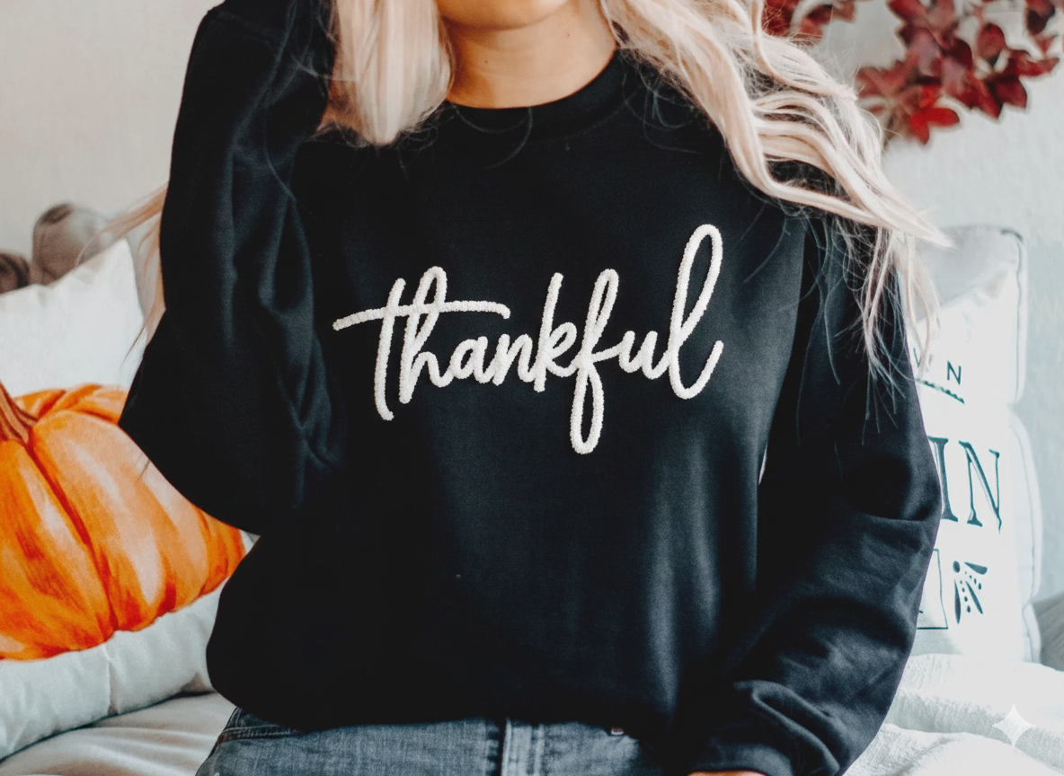 Thankful Chenille Yarn Sweatshirt: Cozy Fall Thanksgiving Crewneck