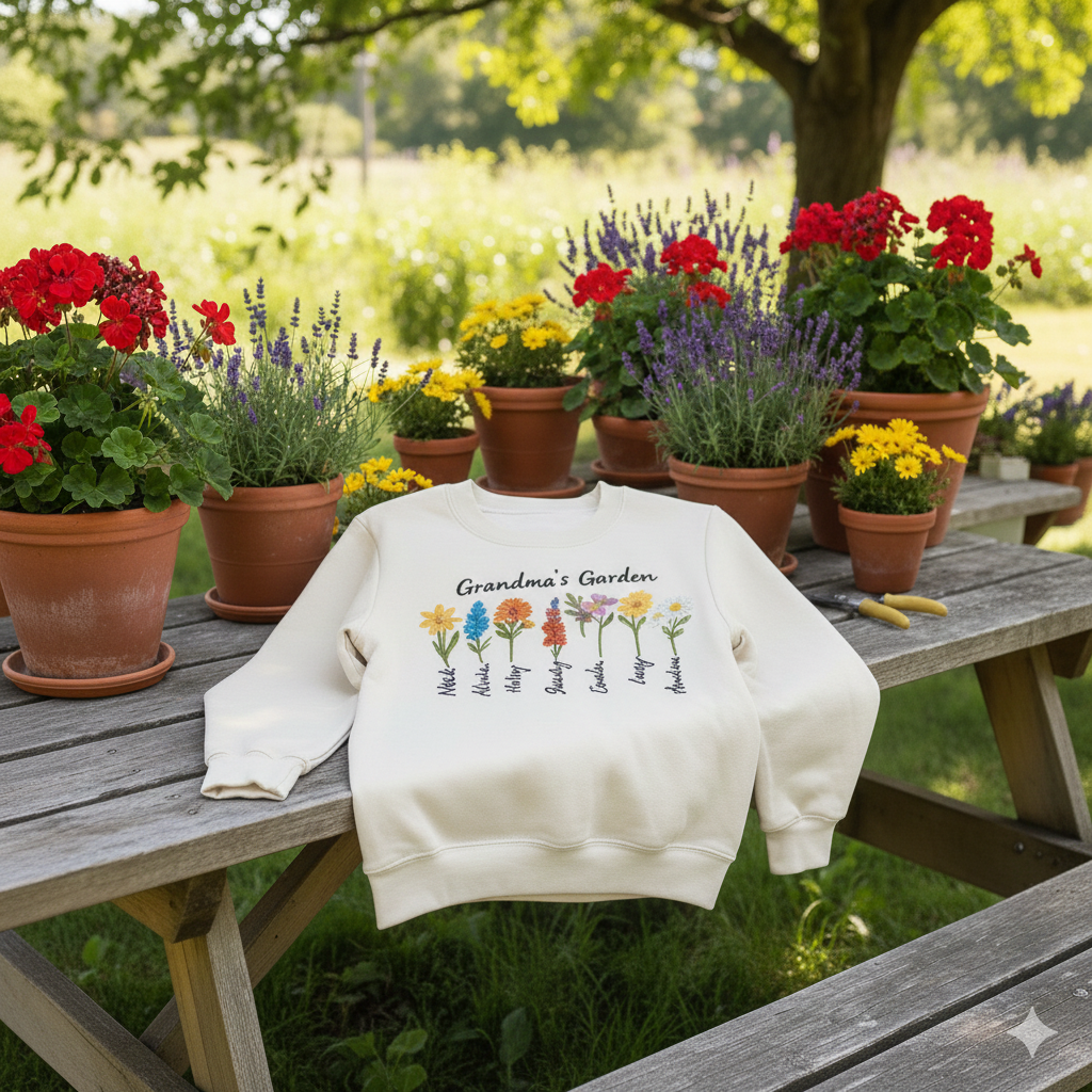 Custom Embroidered Grandma's Garden with Birth Flowers Sweatshirt - Grandma Sweater - Birth Month Crewneck - Birthday Gift for Grandparents