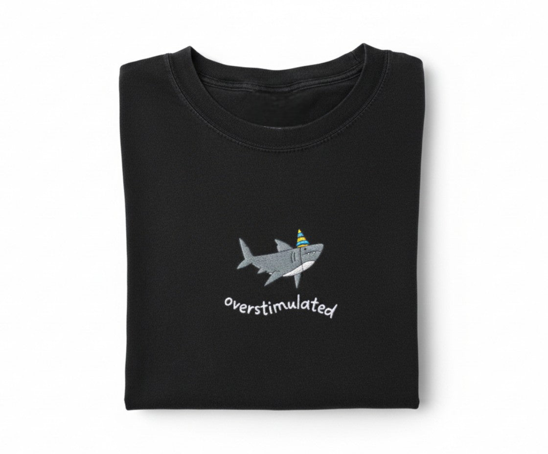 Overstimulated Party Hat Shark Embroidered Sweatshirt – Funny Weirdcore Summer Sweatshirt Neurodivergent Shark Sweatshirt, Ocean Vibes Sweatshirt