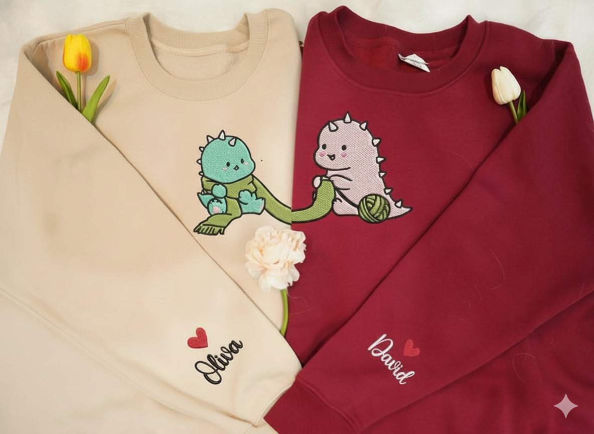 Cute Dinosaur Embroidered Sweatshirt for Couple, Matching Sweater with Custom Sleeve Name, Personalized Valentine Gift For Her, Dino Lovers