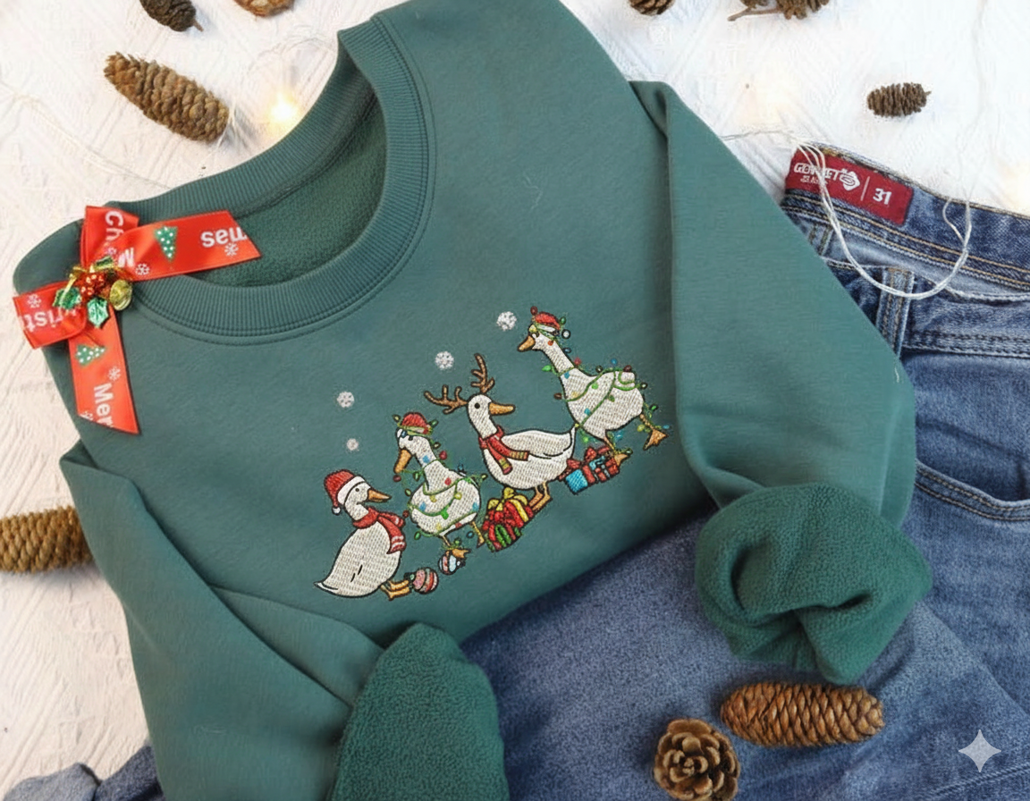Cute Christmas Duck Embroidered Sweatshirt, Funny Animal Xmas Sweater For Women Holiday Gift, Farm Lover Gift, Christmas Light Duck Shirt