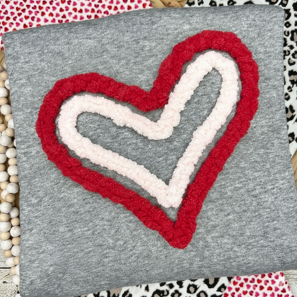 Valentine Double Heart Chenille Yarn Embroidered Sweatshirt, Fuzzy Love Shirt, Cute Heart Pullover, Valentine Gift for Her