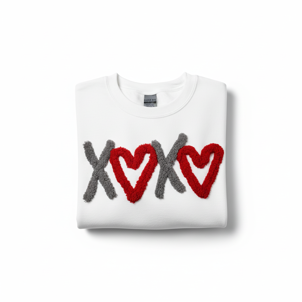 Valentine XOXO Chenille Yarn Embroidered Sweatshirt, Fuzzy Heart Shirt, Cute Love Pullover, Cozy Valentine Gift for Her