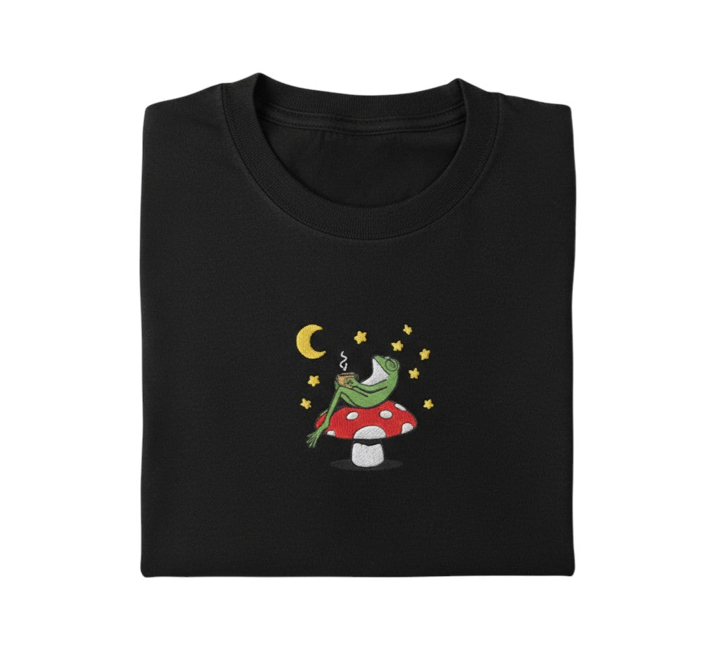 Frog on a Mushroom Under the Stars Whimsical Embroidered Sweatshirt, Cottagcore Frog Lover Sweatshirt, Cozy Autumn Fall Gift