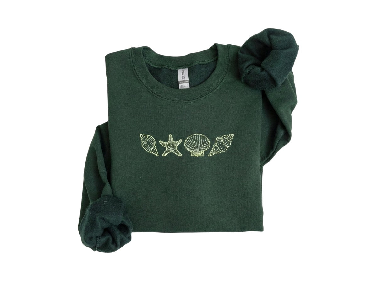 Sea Shells Embroidered Crewneck: Beachy Nautical Sweatshirt, Beach Shells Crewneck