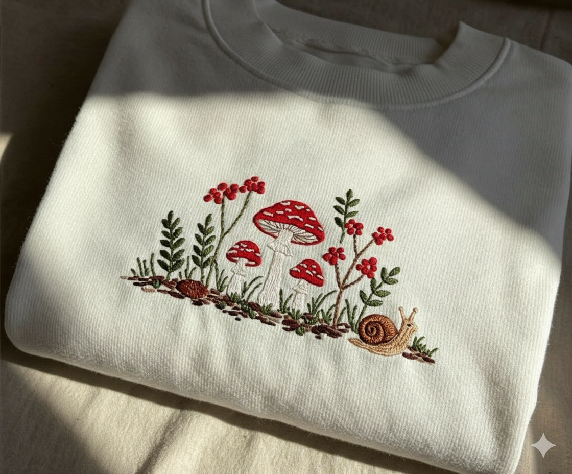 Embroidered Mushroom T-shirt, Cottagecore Sweatshirt, Botanical Nature Shirt, Granola Girl Tee, Wildlife Embroidery Gift, Goblincore Top