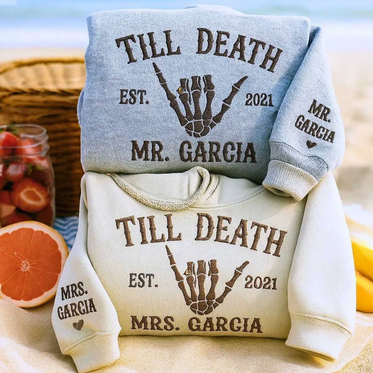 Custom Embroidered Skeleton Til Death Married Couple Mr Mrs Matching Newlywed Husband and Wife Sweatshirt or Hoodie