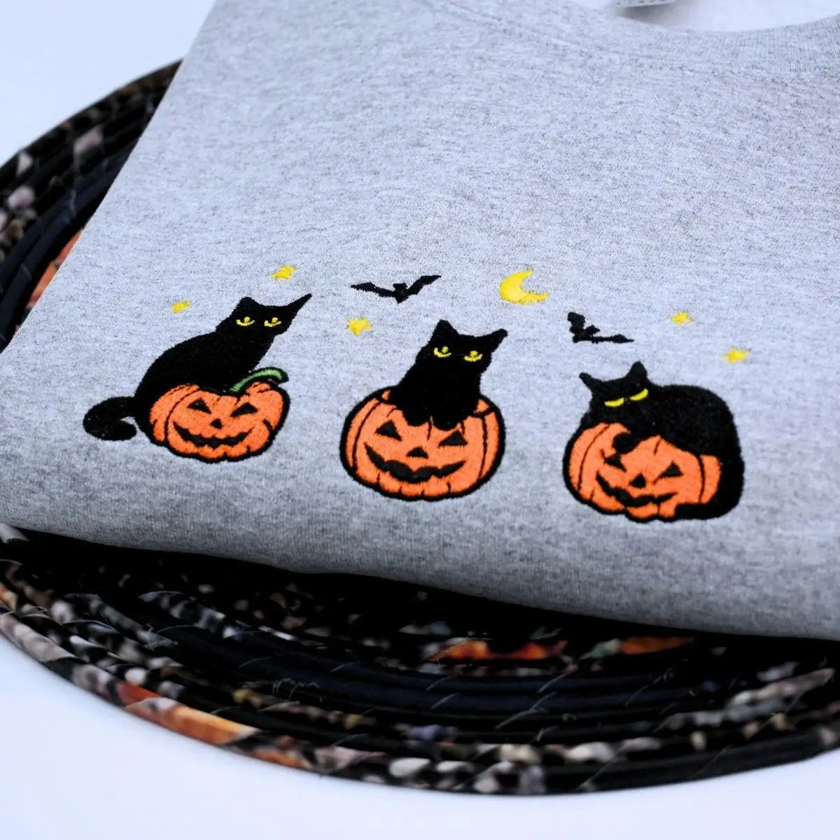 Black Cat Halloween Sweatshirt, Embroidered Halloween Gifts for Her
