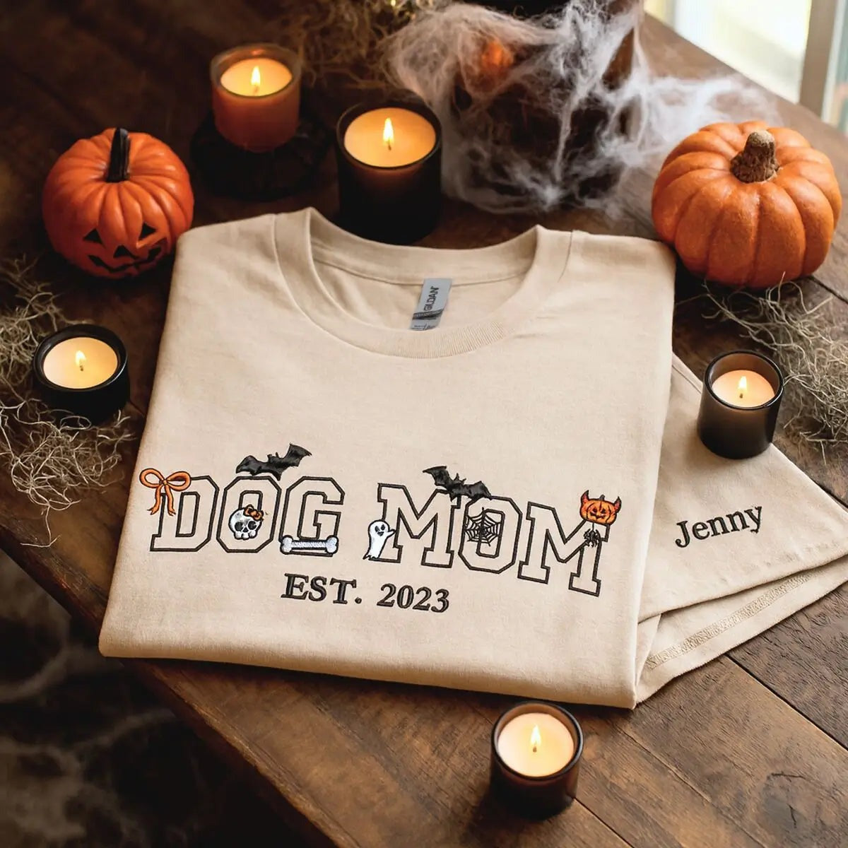 Custom Dog Mom Halloween Shirt with EST Year on Chest, Embroidered Halloween Gift for Dog Mom