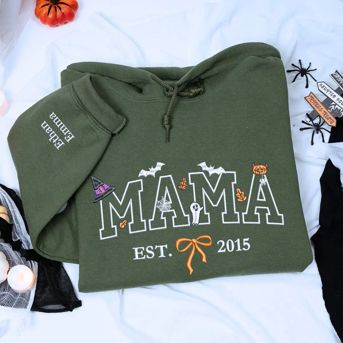 Custom Mama Halloween Sweatshirt with EST, Coquette Bow on Chest, Embroidered Halloween Gift for Her