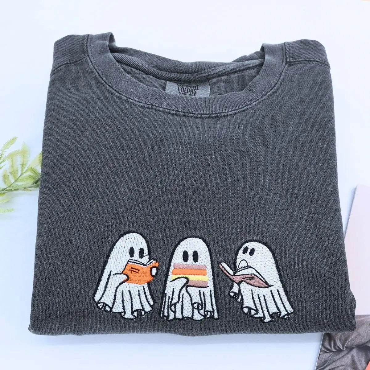Comfort Colors® Halloween Ghost Book Shirt, Embroidered GIft for Spooky Season, Halloween Gift