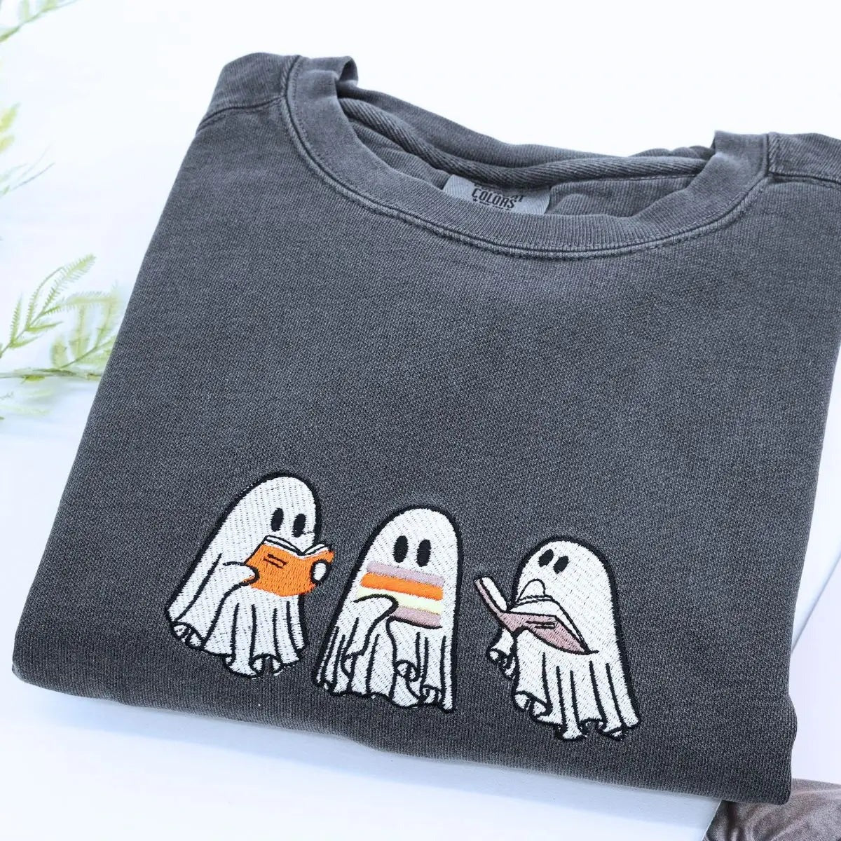 Comfort Colors® Halloween Ghost Book Shirt, Embroidered GIft for Spooky Season, Halloween Gift