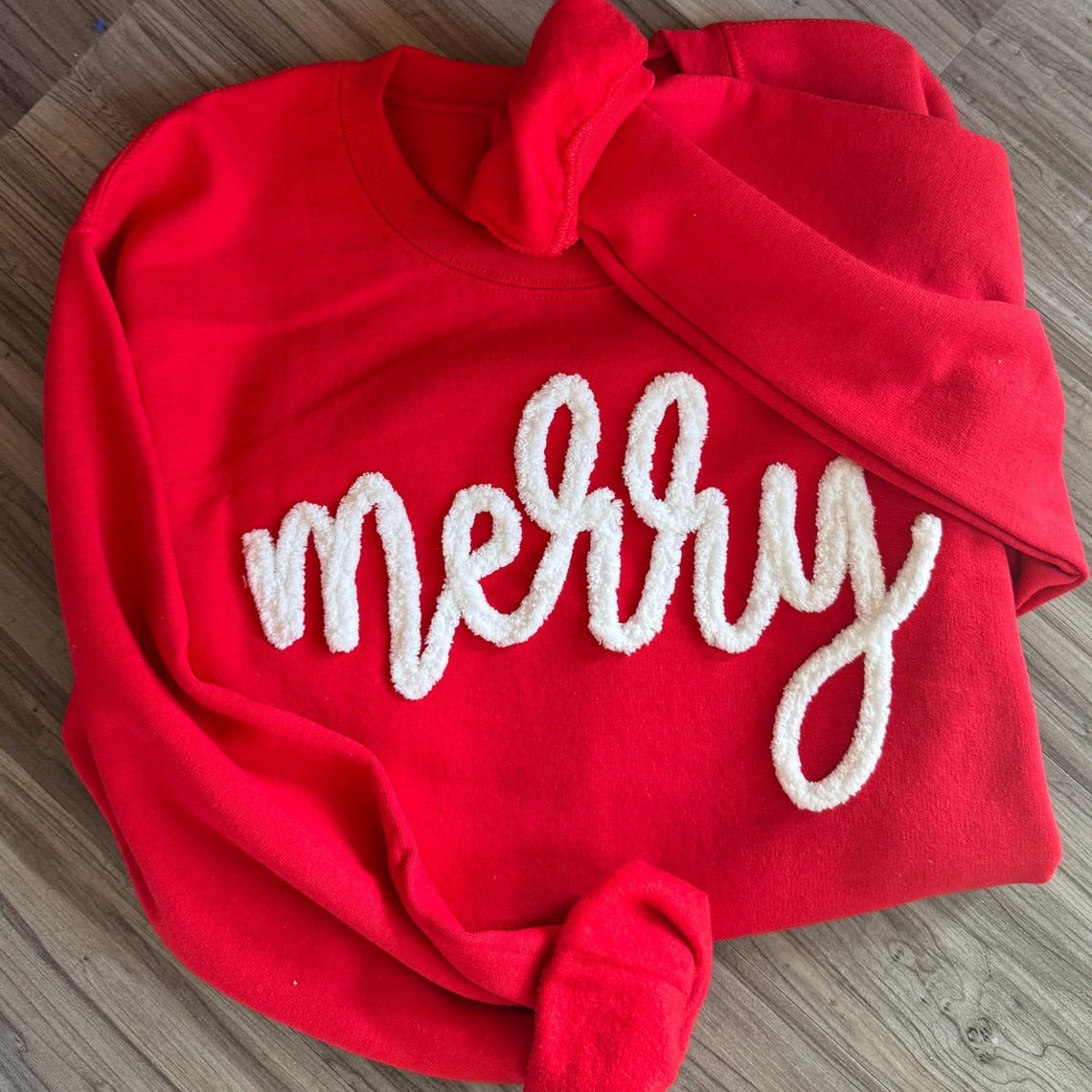 Merry Christmas Sweatshirt: Chenille Yarn Embroidered Crewneck