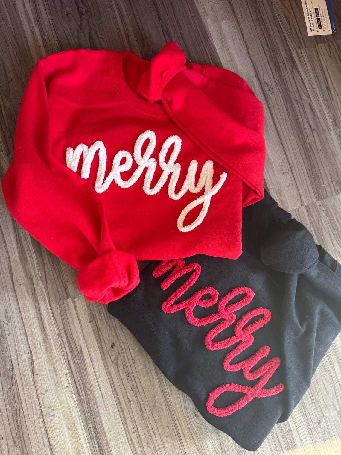 Merry Christmas Sweatshirt: Chenille Yarn Embroidered Crewneck