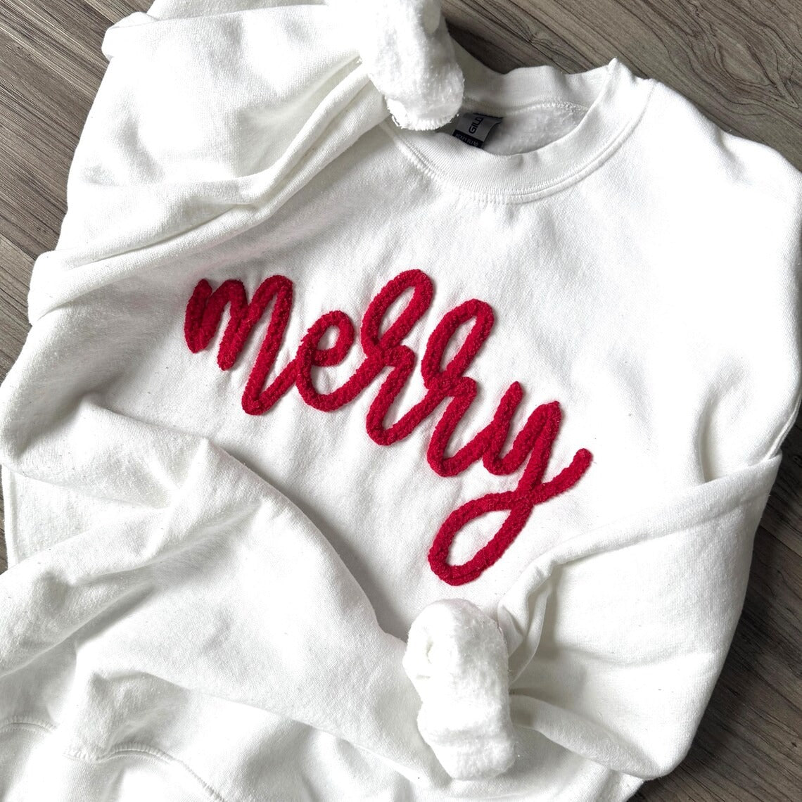 Merry Christmas Sweatshirt: Chenille Yarn Embroidered Crewneck