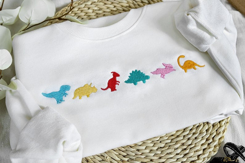 Cute Embroidered Dino Family Crewneck Sweatshirt,Adult dinosaur shirt,Dino gift, Best gifts for her