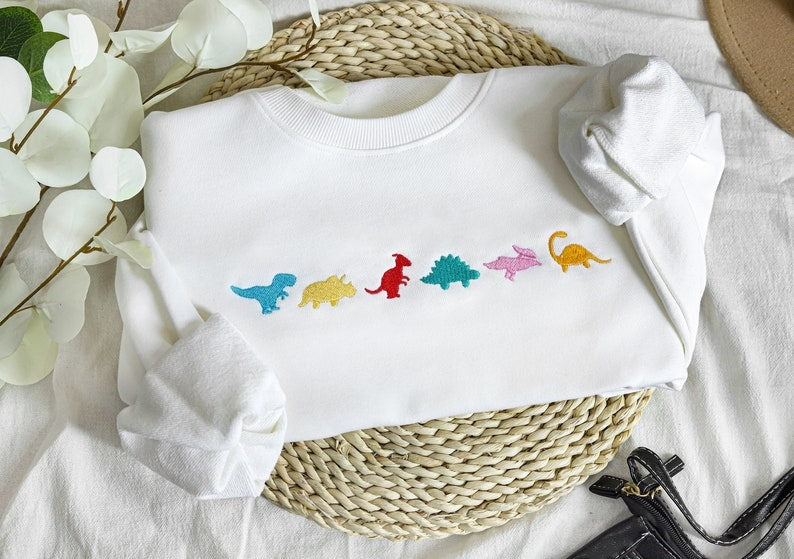 Cute Embroidered Dino Family Crewneck Sweatshirt,Adult dinosaur shirt,Dino gift, Best gifts for her