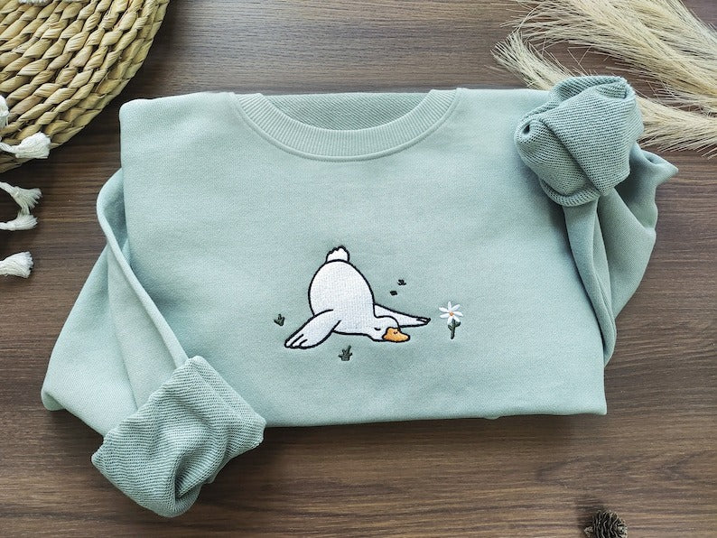 Duck And Daisy Embroidered Crewneck Sweatshirt,Silly Goose Sweatshirt,Flower Sweatshirt ,Funny Sweatshirt, Gifts for friends,Gift for her