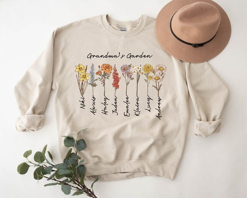 Grandma's Garden Sweatshirt, Custom Birthflower Sweatshirt, Gift for Grandma, Love Grows Here, Mom's Garden, Mother's Day Gift