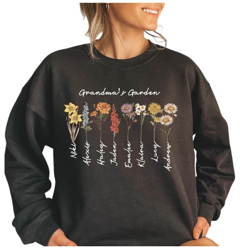 Grandma's Garden Sweatshirt, Custom Birthflower Sweatshirt, Gift for Grandma, Love Grows Here, Mom's Garden, Mother's Day Gift