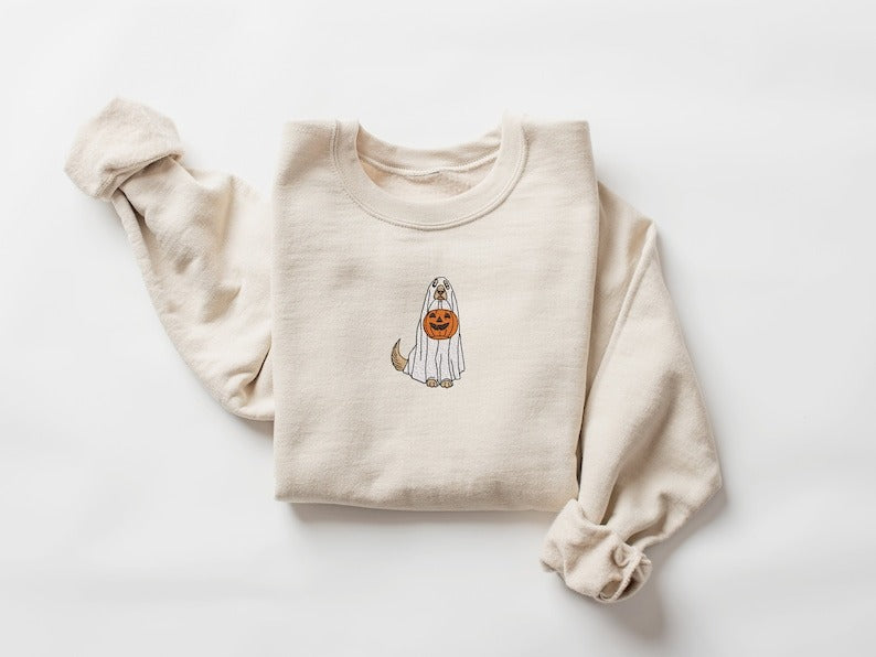 Embroidered Ghost Dog Sweatshirt, Embroidered Crewneck, Dog With Pumpkin Sweatshirt, Halloween Embroidered Crewneck, Spooky Season