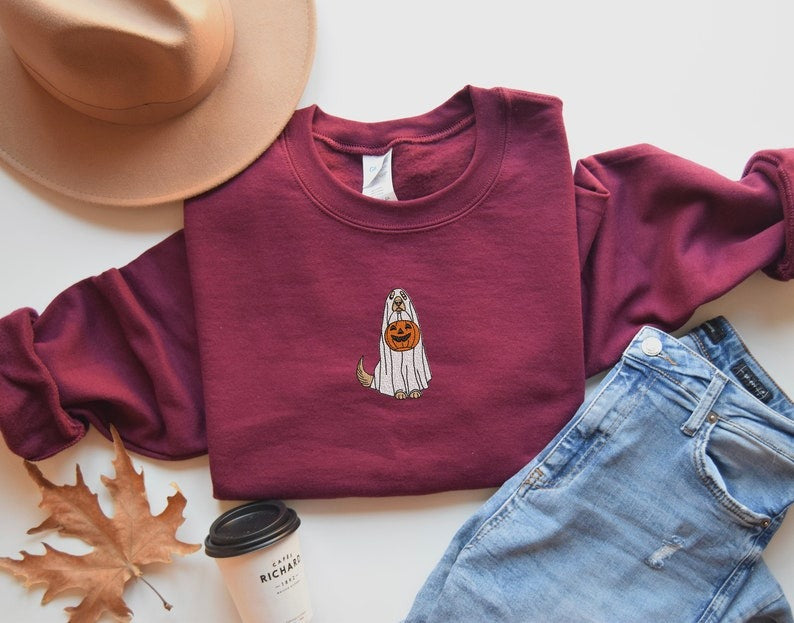 Embroidered Ghost Dog Sweatshirt, Embroidered Crewneck, Dog With Pumpkin Sweatshirt, Halloween Embroidered Crewneck, Spooky Season