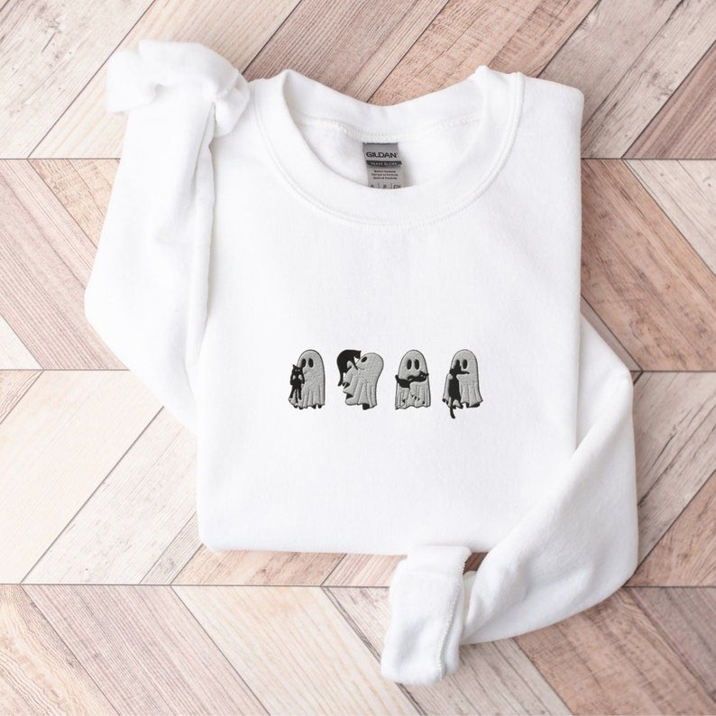 Embroidered Ghost Sweatshirt: Halloween Black Cats, Spooky Season