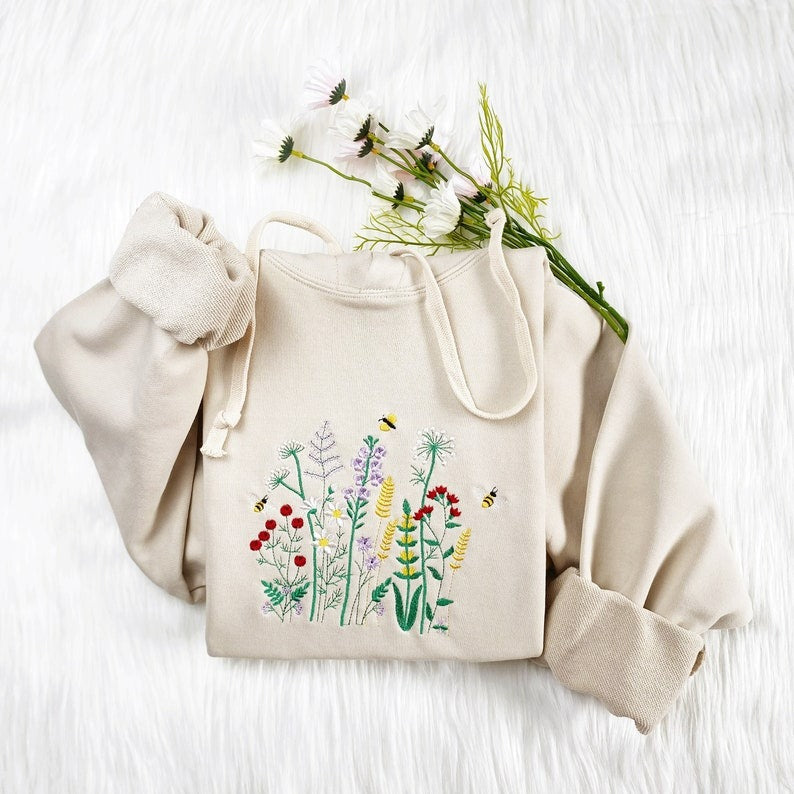 Embroidered Wildflower Honey Bee Sweatshirt or Tee