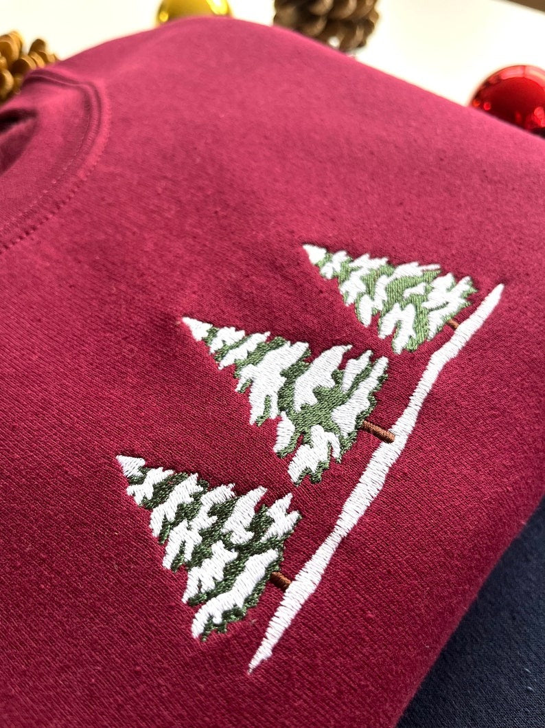 Snow Trees Embroidered Sweatshirt | Cozy Winter Forest Crewneck | Minimalist Holiday Sweater | Nature Lover Gift