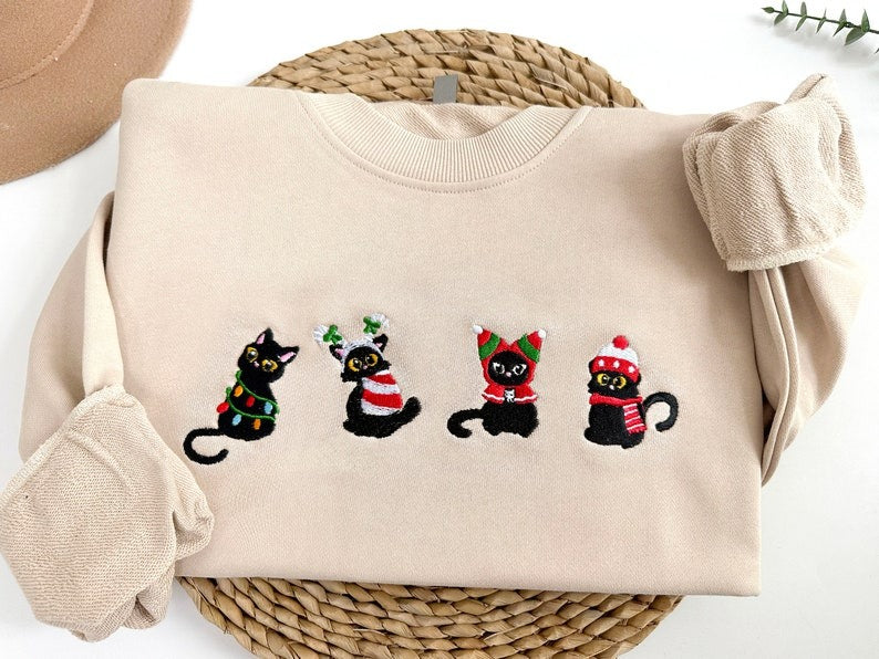 Embroidered Christmas Cats Sweatshirt, Christmas Embroidered Sweater,Funny Christmas Sweatshirt, Black Cat Lover Gift