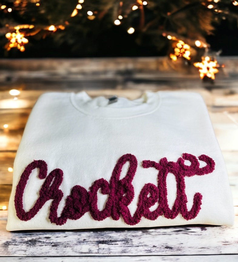 Love embroidery chenille yarn sweatshirt, custom made, valentines, gift for her, fuzzy letters, crewneck, school sweatshirt, team spirit