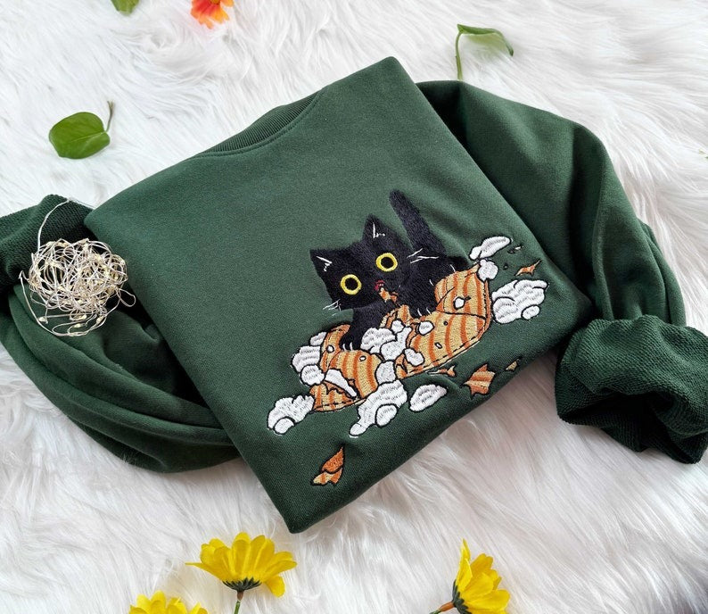 Embroidered Cat Sweatshirt | Cute Play Pillow Design